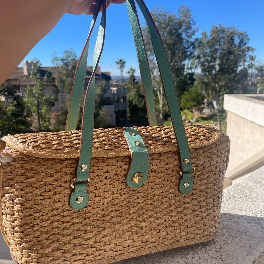 Kate Spade Woven Straw Handbag with Teal  Accents